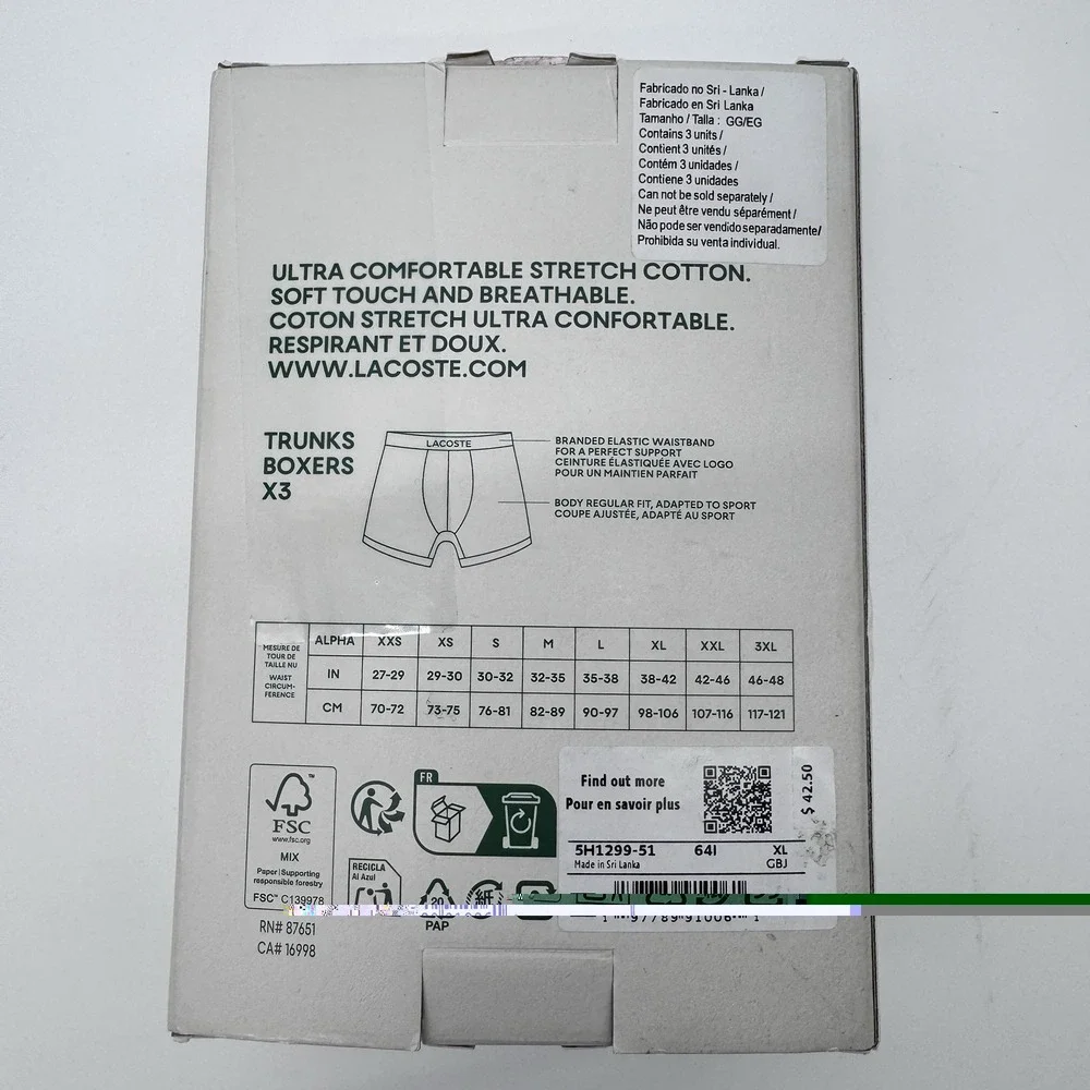 Lacoste Men's 3-Pack Cotton Stretch Trunks Boxers Briefs Size XL 5H1299-51 Multi